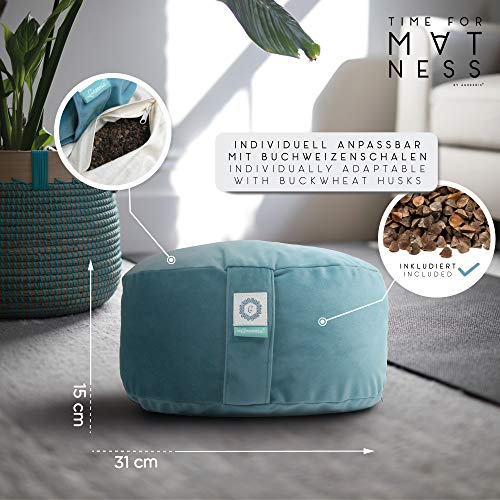 aGreenie Cojín de Meditación y Yoga - Cojín Redondo de Meditación Relleno de Alforfón - Altura del Asiento 15cm - Funda Lavable - Incluye Bolsa de Compras y Meditación - Ebook (Deep Ocean Green)