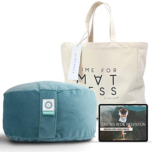 aGreenie Cojín de Meditación y Yoga - Cojín Redondo de Meditación Relleno de Alforfón - Altura del Asiento 15cm - Funda Lavable - Incluye Bolsa de Compras y Meditación - Ebook (Deep Ocean Green)