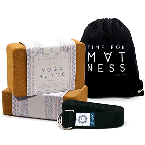 aGreenie Premium Yoga Block de Corcho - Producto 100% Natural - Juego de 1 o 2 - para Fitness y Pilates - Incluye Mochila e Instrucciones de Ejercicio (Set 2 Bloque Tamaño M + Correa)