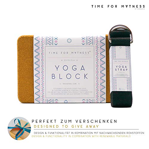 aGreenie Premium Yoga Block de Corcho - Producto 100% Natural - Juego de 1 o 2 - para Fitness y Pilates - Incluye Mochila e Instrucciones de Ejercicio (Set 2 Bloque Tamaño M + Correa)