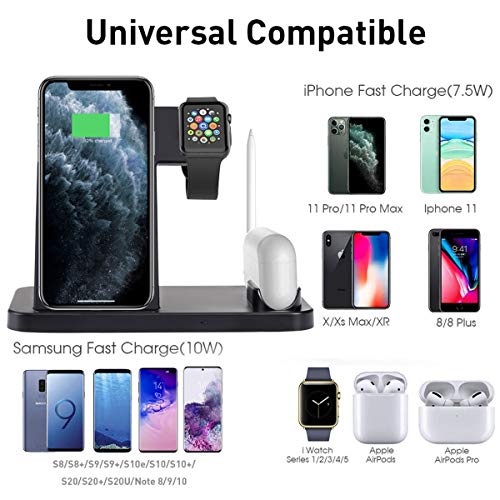 AICase Estación de Carga Inalámbrica, Base de Carga 4 en 1 para iWatch y Airpods, Cargador Inalámbrico Rápido Compatible con iPhone 11/X/XR/8/8 Plus, Samsung y Todos Los Teléfonos Qi