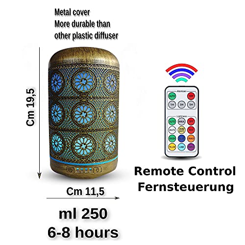 |AidA| Difusor Humificador De Aromas Humidificador Aceites Esenciales Con Mando a Distancia Humedad en Metal 250ml Ambientador Electrico Difusor Aceites Esenciales Aromaterapia Ultrasónico 9 Led