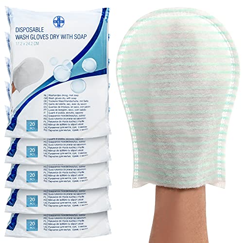 AIESI® Manoplas Jabonosas desechables de alta calidad impermeable con esponja suave (Paquete de 100 piezas) # Delicadamente perfumado # Sin enjuague