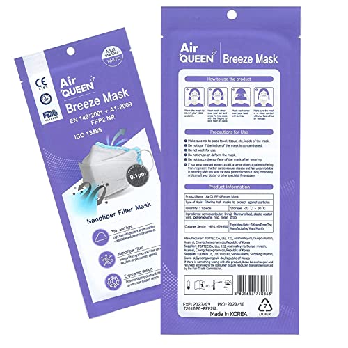 Air Queen Breeze Mask Mascarillas FFP2 Homologadas Nanofibras Nanotecnología CE FFP NR EN149:2001 + A1:2009 ISO 13485 – 25 Horas de Protección – Pack de 100 Mascarillas en Blisters Individuales