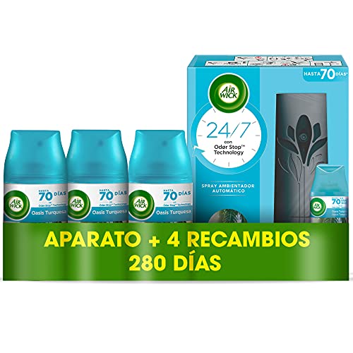 Air Wick Freshmatic - Aparato y Recambios de ambientador spray automático, esencia para casa con aroma a Oasis Turquesa - 1 aparato y 4 recambios