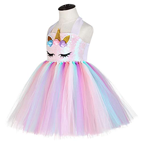 AJEUNGAIN Disfraz Unicornio Niña para Fiesta de Princesa Unicornio Cumpleaños Niña, Lentejuela Vestidos Niña Unicornio, Disfraz de Unicornio Niña, Vestido Tutú para Niñas de Flores Arcoíris