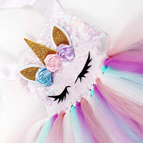 AJEUNGAIN Disfraz Unicornio Niña para Fiesta de Princesa Unicornio Cumpleaños Niña, Lentejuela Vestidos Niña Unicornio, Disfraz de Unicornio Niña, Vestido Tutú para Niñas de Flores Arcoíris