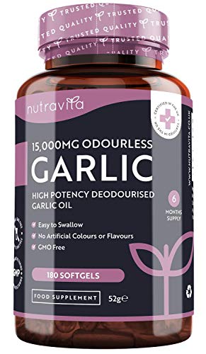 Ajo Cápsulas sin Olor Dosis Alta 15,000mg - 180 Perlas de Ajo para Suministro para 6 Meses - Extracto de Aceite de Ajo Fuente de Alicina - Suplemento Alimenticio Sin Aditivos - Fabricado por Nutravita