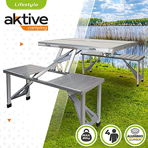 Aktive 52887 - Mesa de camping plegable con sillas, 135x86x67 cm, Mesa maleta plegable, Mesa de picnic, Mesa maleta con sillas, Mesa plegable sillas, Mesa camping plegable aluminio