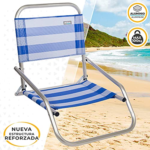 Aktive 53953 - Silla baja de playa, Silla plegable, 47x63x53 cm, altura del asiento 10 cm, 100 kg, Silla fija, aluminio y textileno, color azul y blanco, Aktive Beach