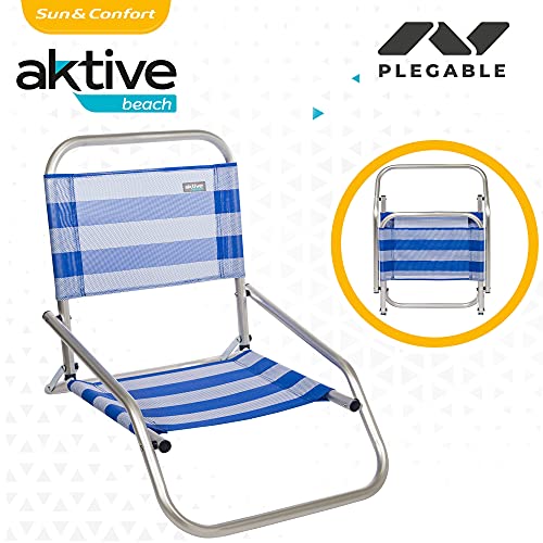 Aktive 53953 - Silla baja de playa, Silla plegable, 47x63x53 cm, altura del asiento 10 cm, 100 kg, Silla fija, aluminio y textileno, color azul y blanco, Aktive Beach