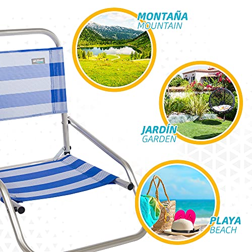 Aktive 53953 - Silla baja de playa, Silla plegable, 47x63x53 cm, altura del asiento 10 cm, 100 kg, Silla fija, aluminio y textileno, color azul y blanco, Aktive Beach