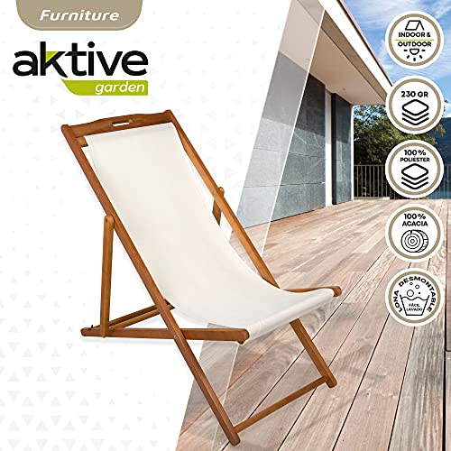 Aktive 61027- Tumbona de madera para jardín, madera acacia, medidas 59x106x94 cm, asiento beige, respaldo reclinable, Tumbona plegable exterior, Mecedora jardín exterior, Mueble terraza, Aktive Garden