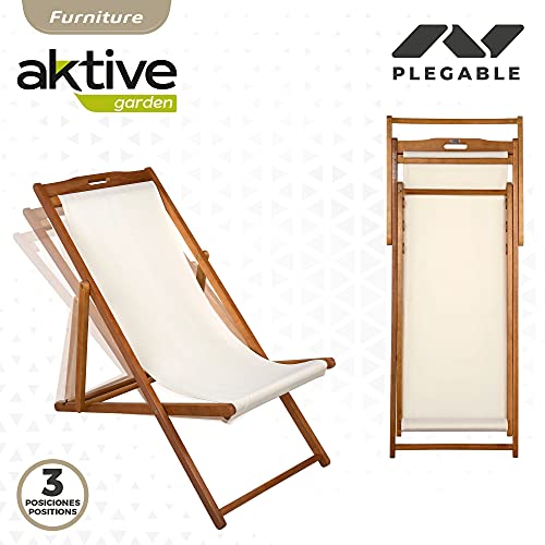 Aktive 61027- Tumbona de madera para jardín, madera acacia, medidas 59x106x94 cm, asiento beige, respaldo reclinable, Tumbona plegable exterior, Mecedora jardín exterior, Mueble terraza, Aktive Garden