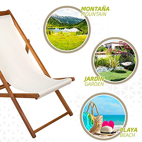 Aktive 61027- Tumbona de madera para jardín, madera acacia, medidas 59x106x94 cm, asiento beige, respaldo reclinable, Tumbona plegable exterior, Mecedora jardín exterior, Mueble terraza, Aktive Garden