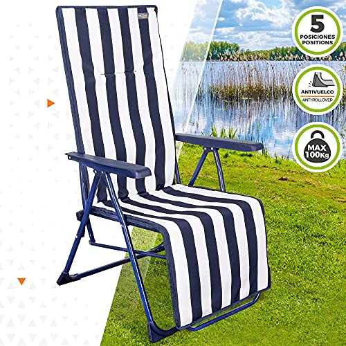 Aktive 62616 - Tumbona plegable de jardín, Tumbona reclinable, 5 posiciones, mide 59 x 59 x 109 cm,tacos antivuelco, color marino y blanco, peso máx 100 kg, Aktive Graden