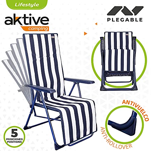 Aktive 62616 - Tumbona plegable de jardín, Tumbona reclinable, 5 posiciones, mide 59 x 59 x 109 cm,tacos antivuelco, color marino y blanco, peso máx 100 kg, Aktive Graden