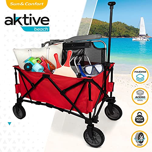 Aktive 62618 - Carro transporte plegable, carro plegable playa, 103x53x117 cm, mango regulable, color rojo, peso máx 50 kg, carrito playa para sombrillas y sillas