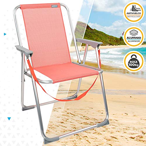 Aktive 62626 - Silla plegable de playa, Aktive Beach, 53x44x76 cm, color coral, con asa de transporte, topes antivuelco, Sillas de playa plegables ligeras y resistentes