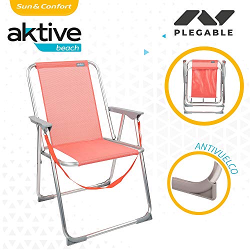 Aktive 62626 - Silla plegable de playa, Aktive Beach, 53x44x76 cm, color coral, con asa de transporte, topes antivuelco, Sillas de playa plegables ligeras y resistentes