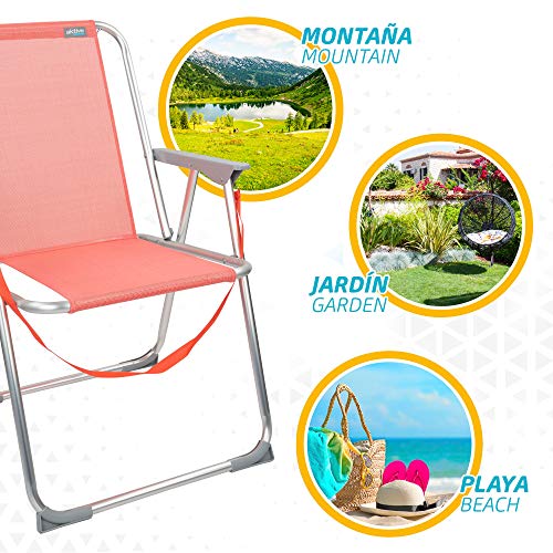 Aktive 62626 - Silla plegable de playa, Aktive Beach, 53x44x76 cm, color coral, con asa de transporte, topes antivuelco, Sillas de playa plegables ligeras y resistentes