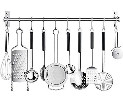 Al-Felice Perchero de acero inoxidable para cocina, barra de cocina con 10 ganchos móviles, soporte de cocina