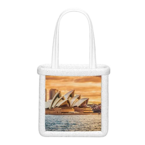 ALALAL Bolso de hombro para libros Hermosa Sydney Opera House Bolso de hombro para mujer Mullido felpa Bolsos para mujer suaves Reutilizables para viajes de trabajo y compras