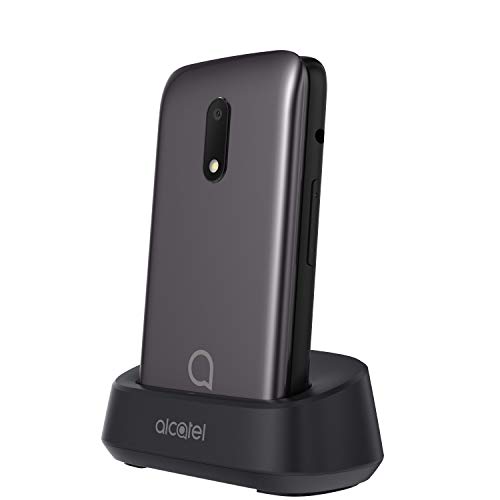 Alcatel 3026 - Teléfono móvil de fácil uso con tapa y base para cargar, botón SOS, Cámara 2MP con flash, teclas grandes, Gris metálico [Versión ES/PT]