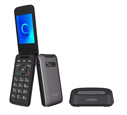 Alcatel 3026 - Teléfono móvil de fácil uso con tapa y base para cargar, botón SOS, Cámara 2MP con flash, teclas grandes, Gris metálico [Versión ES/PT]