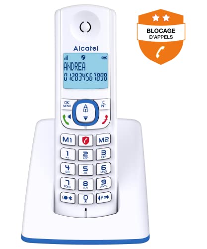 Alcatel F530 - Teléfono (Teléfono DECT, Terminal inalámbrico, Altavoz, 50 entradas, Identificador de llamadas, Azul, Blanco)