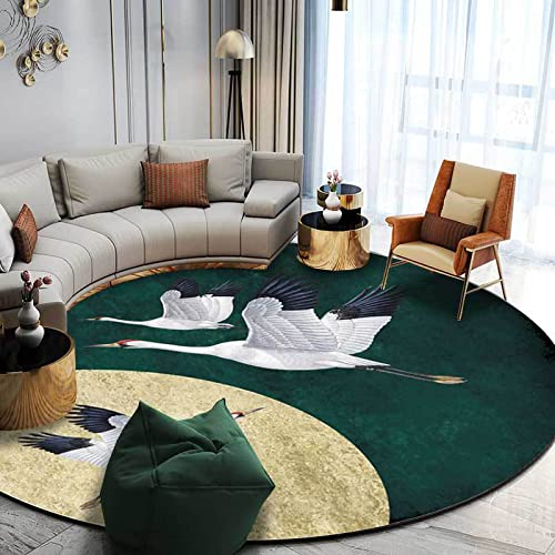 Alfombra redonda, moderna alfombra de área interior, alfombras antideslizantes de dormitorio, lujo claro dorado verde oscuro grúa volando grúa 60 cm