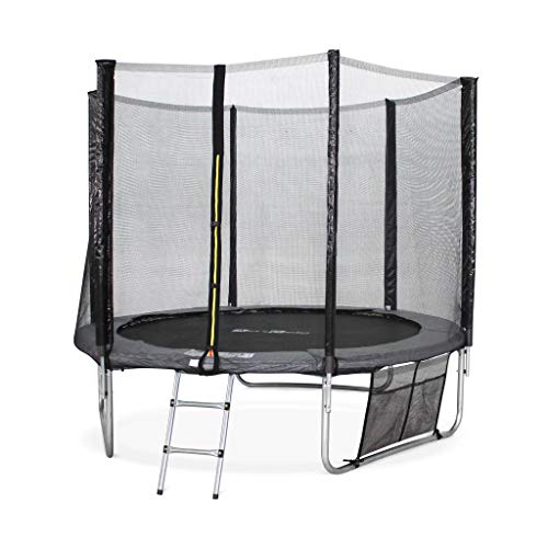 Alice's Garden Cama elástica Gris, Trampolín de 245 cm, aguanta hasta 100 kg (Estructura Reforzada). Incluye: Escalera + Funda Protectora + bolsilla para Zapatos+ Kit de Anclaje - Pluton XXL