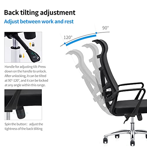 Allguest Silla de Oficina ergonómica con Malla Transpirable, Soporte Lumbar Ajustable, Respaldo Alto, cojín de Esponja, inclinación controlable hacia atrás Certificación EN1335, Negro