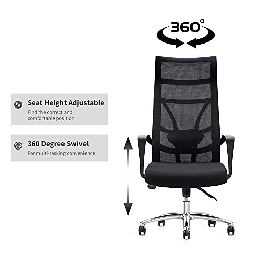 Allguest Silla de Oficina ergonómica con Malla Transpirable, Soporte Lumbar Ajustable, Respaldo Alto, cojín de Esponja, inclinación controlable hacia atrás Certificación EN1335, Negro