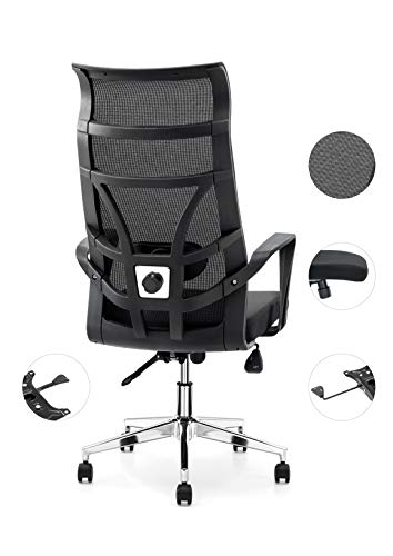 Allguest Silla de Oficina ergonómica con Malla Transpirable, Soporte Lumbar Ajustable, Respaldo Alto, cojín de Esponja, inclinación controlable hacia atrás Certificación EN1335, Negro