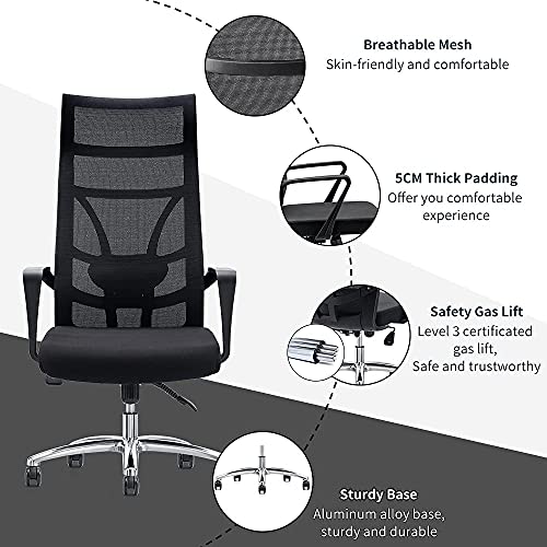 Allguest Silla de Oficina ergonómica con Malla Transpirable, Soporte Lumbar Ajustable, Respaldo Alto, cojín de Esponja, inclinación controlable hacia atrás Certificación EN1335, Negro