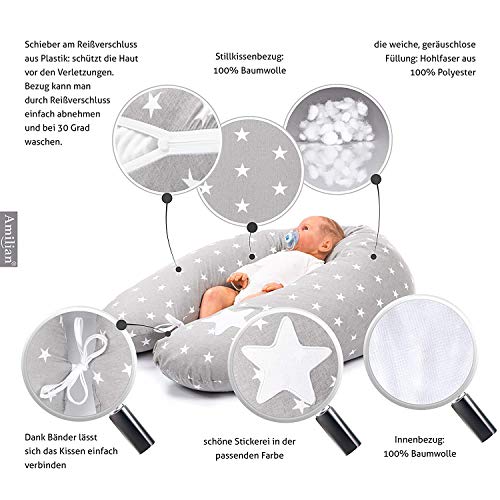 Almohada de lactancia con relleno para bebé pequeño almohada de posicionamiento Almohada de embarazo para dormir algodón tamaño 170cm asterisco gris estrella xxl