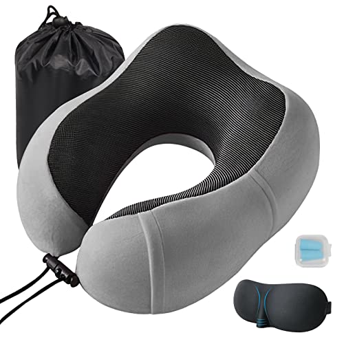 Almohada de Viaje,100% Espuma viscoelástica Pura para el Cuello con Tapones para los oídos y máscara de Ojos 3D,Almohada Suave de Apoyo para la Cabeza de 360 Grados para Dormir,avión,Coche y casa