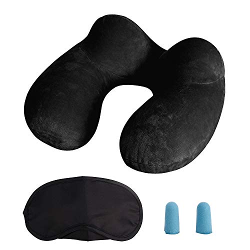 Almohada Inflable del Viaje, LUZWAY Cojín Inflable del Cuello de Viaje, Hecho de Terciopelo Suave y Funda Lavable con Tapones para los Oídos , Máscara de los Ojos y Bolsa de Transporte [Negro]