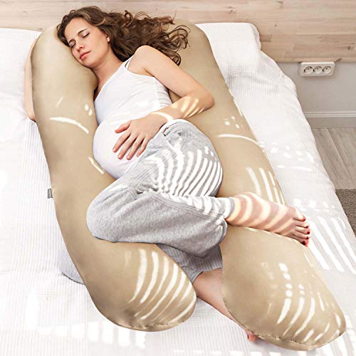 Almohadas de Embarazo, Almohadas para Dormir de Lado, Almohadas de posicionamiento, Almohadas para bebés y para Lactancia en Forma de U, Funda Lavable 100% algodón (Junior XL, 120 x 70 cm, Beige)