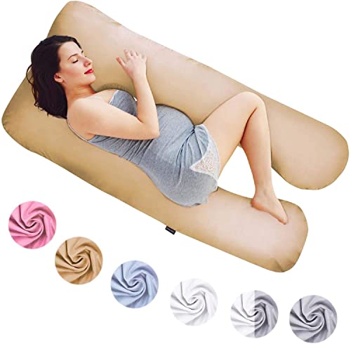 Almohadas de Embarazo, Almohadas para Dormir de Lado, Almohadas de posicionamiento, Almohadas para bebés y para Lactancia en Forma de U, Funda Lavable 100% algodón (Junior XL, 120 x 70 cm, Beige)