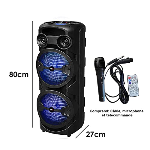 Altavoz Bluetooth BSL-S60 con iluminación RGB | 2 Altavoces de 8 Pulgadas | 2x15W RMS | Batería de 4 Horas de duración | Función Karaoke | Radio FM | USB | TF