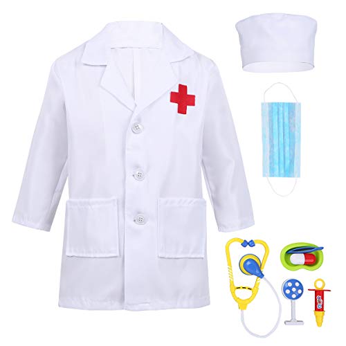 Alvivi Uniforme de Trabajo Bata Blanca Abrigo de Laboratorio Farmacia Estetoscopio de Juguete Traje de Doctor Enfermera Sanitario Chaqueta Disfraz Cosplay Conjunto Blanco A 7-8 años