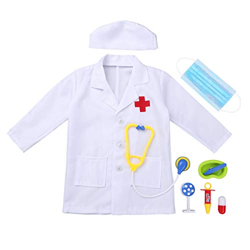 Alvivi Uniforme de Trabajo Bata Blanca Abrigo de Laboratorio Farmacia Estetoscopio de Juguete Traje de Doctor Enfermera Sanitario Chaqueta Disfraz Cosplay Conjunto Blanco A 7-8 años