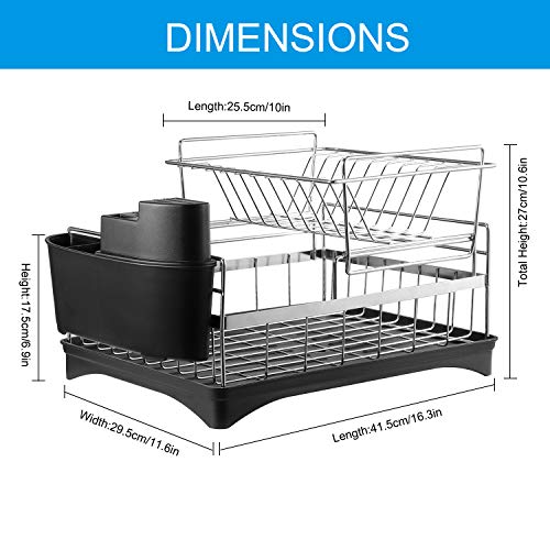 alvorog Escurridor de Platos de Acero Inoxidable de 2 Niveles, Escurreplatos con Bandeja de Goteo Extraíble, Desagüe Giratorio de 360° y Caja de Cubiertos, Soportes para Platos - 41.5 x 29.5 x 27cm