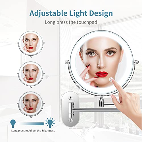 alvorog Espejo de Maquillaje con Luz LED 1X/5X Aumento Espejos de Aumento de Pared de Doble Cara Giratorio Espejos Extensibles para Baño y Tocador