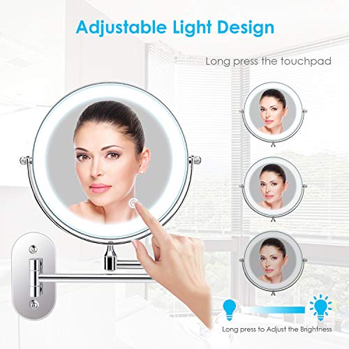 alvorog Espejo de Maquillaje con Luz LED y 1x/5x Aumento Espejos, Espejo de Pared con Doble Cara de 360° Rotación, Luz Ajustable y 0.5h Apagado Automático para Baño, Tocador, Hotel (Cromado)