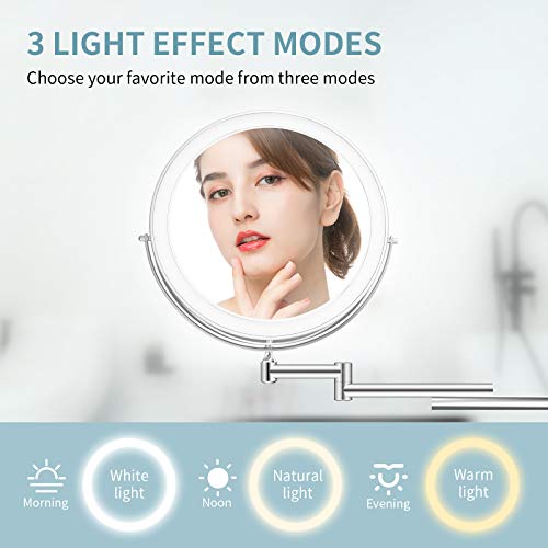 alvorog Espejo Maquillaje con Luz LED, Espejo de Pared con 3 Modos de Luz y Aumento 1x/5x, 8”Espejo de Baño con Luz Ajustable, Rotación de 360°, 0.5h Apagado Inteligente y Recargable USB - Plata