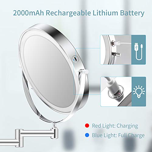 alvorog Espejo Maquillaje con Luz LED, Espejo de Pared con 3 Modos de Luz y Aumento 1x/5x, 8”Espejo de Baño con Luz Ajustable, Rotación de 360°, 0.5h Apagado Inteligente y Recargable USB - Plata