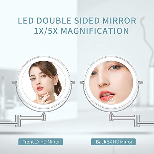 alvorog Espejo Maquillaje con Luz LED, Espejo de Pared con 3 Modos de Luz y Aumento 1x/5x, 8”Espejo de Baño con Luz Ajustable, Rotación de 360°, 0.5h Apagado Inteligente y Recargable USB - Plata